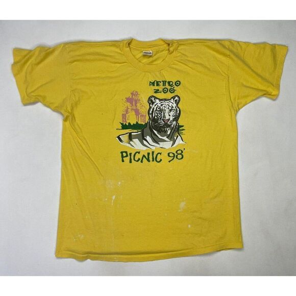 VINTAGE Metro Zoo Tiger Picnic 1998 T-shirt Men XXL Yellow 90s Single Stitch - Picture 1 of 11